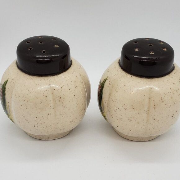 Melon Shaped Beige Brown Speckled Floral Vintage Salt & Pepper Shaker Set - Picture 9 of 9